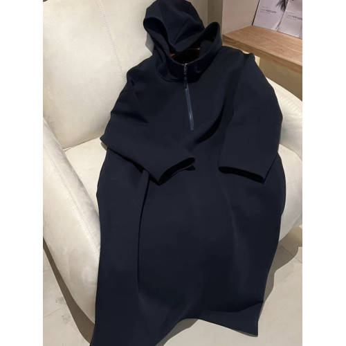 歐貨大版連帽半開領長袖連衣裙女2025春秋新款寬松直筒遮肉衛衣裙