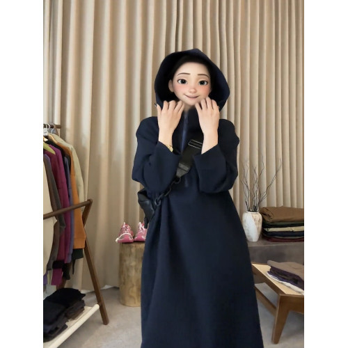 歐貨大版連帽半開領長袖連衣裙女2025春秋新款寬松直筒遮肉衛衣裙
