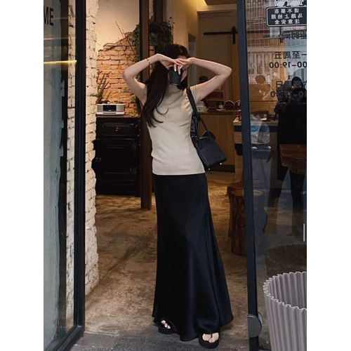 黑色緞面半身裙女夏季垂感a字包臀魚尾裙法式氣質高級感醋酸長裙 黑色緞面半身裙女夏季垂感a字包臀魚尾裙法式氣質高級感醋酸長裙