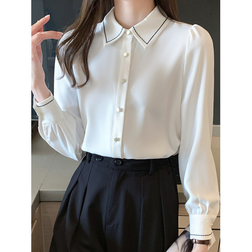 白色緞面襯衫女秋冬季法式職業正裝加絨保暖襯衣內搭打底長袖上衣