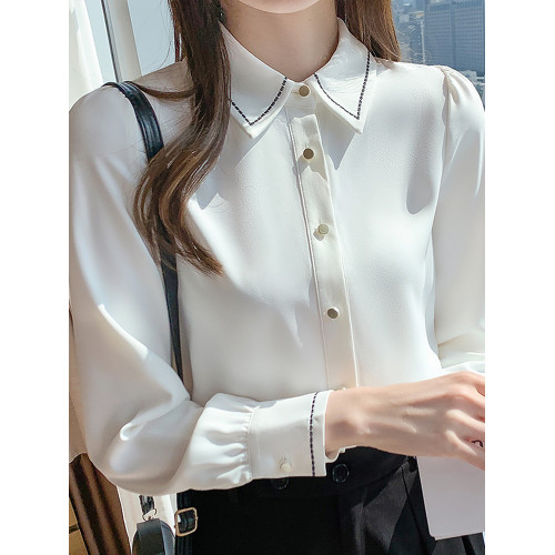 白色緞面襯衫女秋冬季法式職業正裝加絨保暖襯衣內搭打底長袖上衣