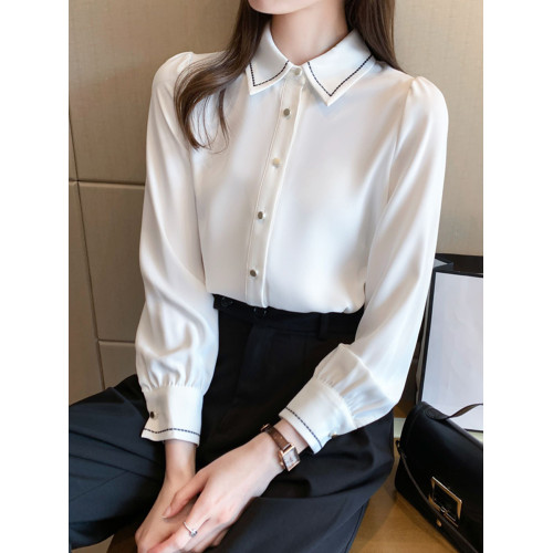 白色緞面襯衫女秋冬季法式職業正裝加絨保暖襯衣內搭打底長袖上衣