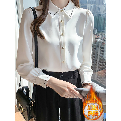 白色緞面襯衫女秋冬季法式職業正裝加絨保暖襯衣內搭打底長袖上衣