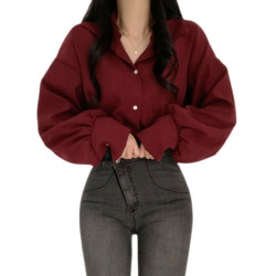 2025新年酒紅色港風襯衫女秋季大碼胖mm顯瘦洋氣小衫襯衣正肩上衣