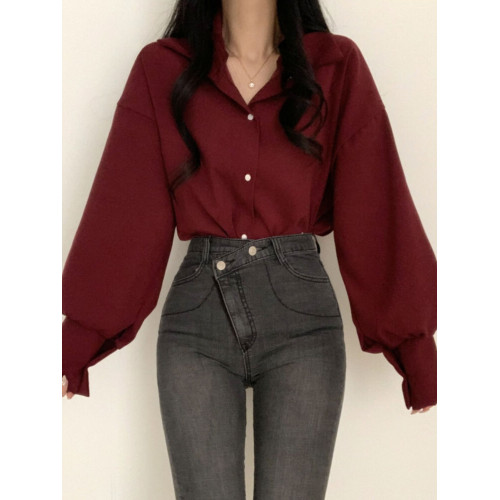 2025新年酒紅色港風襯衫女秋季大碼胖mm顯瘦洋氣小衫襯衣正肩上衣