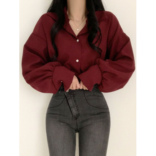 2025新年酒紅色港風襯衫女秋季大碼胖mm顯瘦洋氣小衫襯衣正肩上衣