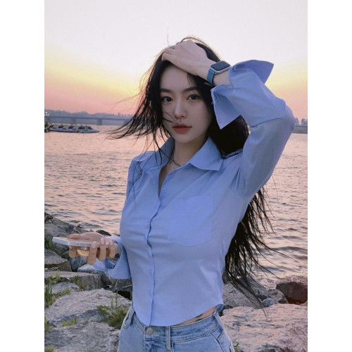 時尚短款襯衫女裝長袖襯衣女修身收腰顯瘦設計感小衆上衣外穿百搭