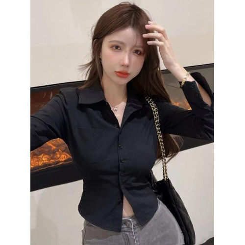 時尚短款襯衫女裝長袖襯衣女修身收腰顯瘦設計感小衆上衣外穿百搭