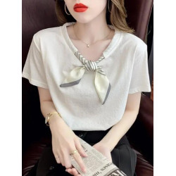 小香風短袖女夏條紋領結絲帶設計氣質溫柔t恤純棉正肩圓領上衣