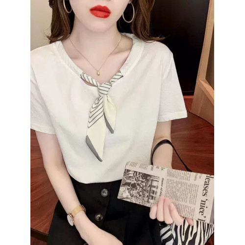 小香風短袖女夏條紋領結絲帶設計氣質溫柔t恤純棉正肩圓領上衣
