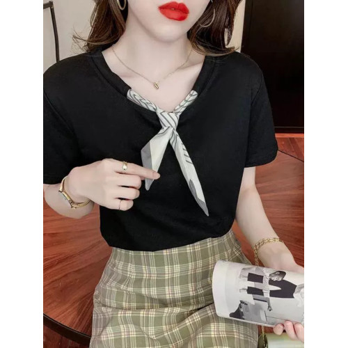 小香風短袖女夏條紋領結絲帶設計氣質溫柔t恤純棉正肩圓領上衣