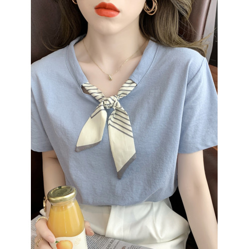 小香風短袖女夏條紋領結絲帶設計氣質溫柔t恤純棉正肩圓領上衣