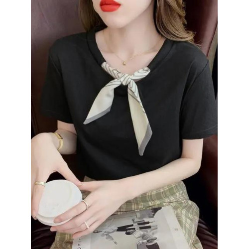 小香風短袖女夏條紋領結絲帶設計氣質溫柔t恤純棉正肩圓領上衣