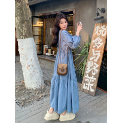 大碼300斤藍色魚尾長款連衣裙春秋時尚新款寬松遮肚顯瘦抽褶長裙