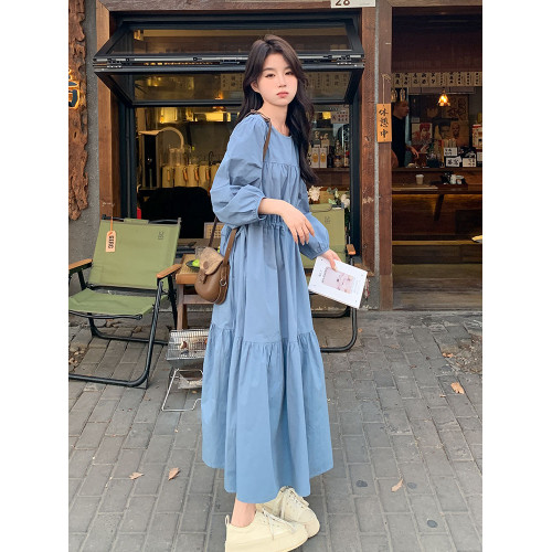 大碼300斤藍色魚尾長款連衣裙春秋時尚新款寬松遮肚顯瘦抽褶長裙