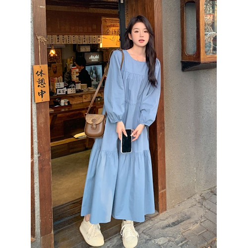 大碼300斤藍色魚尾長款連衣裙春秋時尚新款寬松遮肚顯瘦抽褶長裙