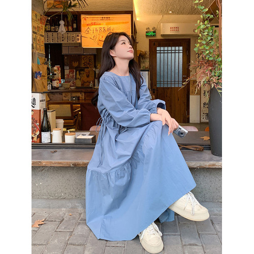 大碼300斤藍色魚尾長款連衣裙春秋時尚新款寬松遮肚顯瘦抽褶長裙