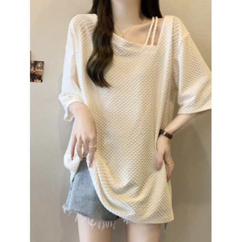 大碼慵懶正肩中長款遮肉短袖t恤女夏季胖mm寬松顯瘦斜領露肩上衣 大碼慵懶正肩中長款遮肉短袖t恤女夏季胖mm寬松顯瘦斜領露肩上衣