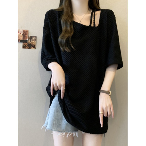 大碼慵懶正肩中長款遮肉短袖t恤女夏季胖mm寬松顯瘦斜領露肩上衣 大碼慵懶正肩中長款遮肉短袖t恤女夏季胖mm寬松顯瘦斜領露肩上衣