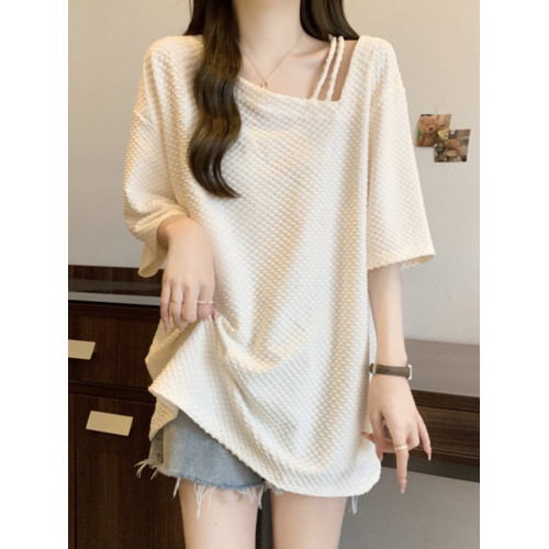 大碼慵懶正肩中長款遮肉短袖t恤女夏季胖mm寬松顯瘦斜領露肩上衣 大碼慵懶正肩中長款遮肉短袖t恤女夏季胖mm寬松顯瘦斜領露肩上衣