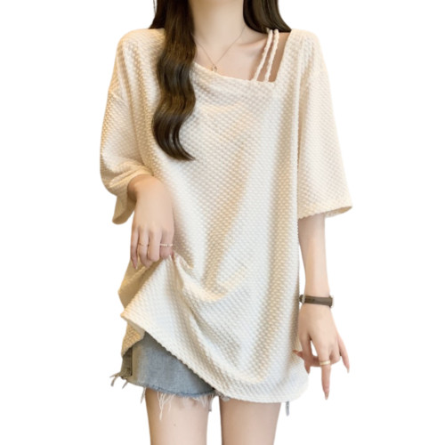 大碼慵懶正肩中長款遮肉短袖t恤女夏季胖mm寬松顯瘦斜領露肩上衣 大碼慵懶正肩中長款遮肉短袖t恤女夏季胖mm寬松顯瘦斜領露肩上衣