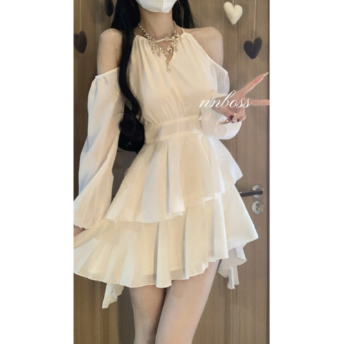 法式白色長袖連衣裙子女大碼高級感氣質仙女蓬蓬裙超好看收腰短裙