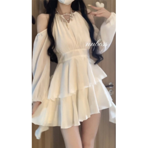 法式白色長袖連衣裙子女大碼高級感氣質仙女蓬蓬裙超好看收腰短裙