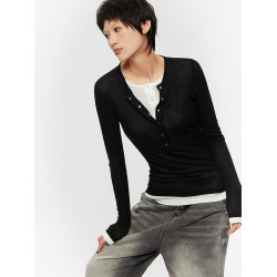 AIRHOOD 美式春秋2025亨利v領假兩件上衣女修身內搭打底衫長袖T恤