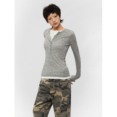 AIRHOOD 美式春秋2025亨利v領假兩件上衣女修身內搭打底衫長袖T恤 AIRHOOD 美式春秋2025亨利v領假兩件上衣女修身內搭打底衫長袖T恤