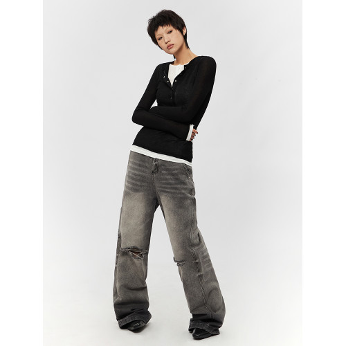 AIRHOOD 美式春秋2025亨利v領假兩件上衣女修身內搭打底衫長袖T恤 AIRHOOD 美式春秋2025亨利v領假兩件上衣女修身內搭打底衫長袖T恤