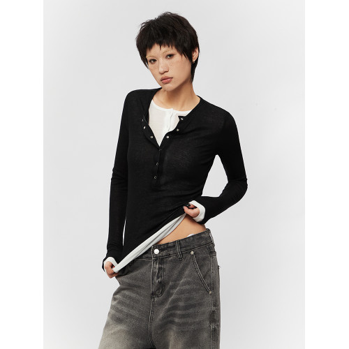 AIRHOOD 美式春秋2025亨利v領假兩件上衣女修身內搭打底衫長袖T恤 AIRHOOD 美式春秋2025亨利v領假兩件上衣女修身內搭打底衫長袖T恤