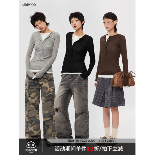 AIRHOOD 美式春秋2025亨利v領假兩件上衣女修身內搭打底衫長袖T恤 AIRHOOD 美式春秋2025亨利v領假兩件上衣女修身內搭打底衫長袖T恤