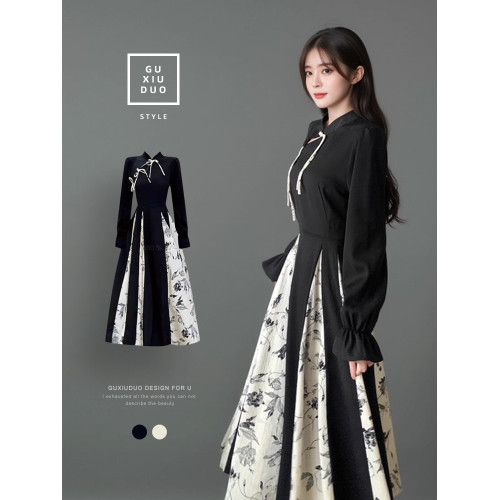 出蓆重要場合巨好看的早秋冬裝日國風新中式旗袍帝政長袖連衣裙子