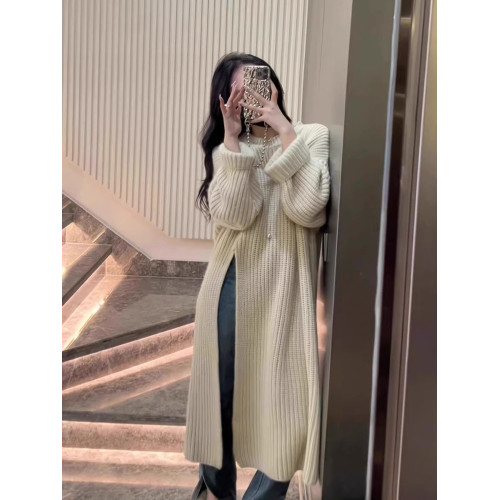 設計感復古毛衣裙女2024秋冬季新款套頭開叉過膝中長款針織連衣裙