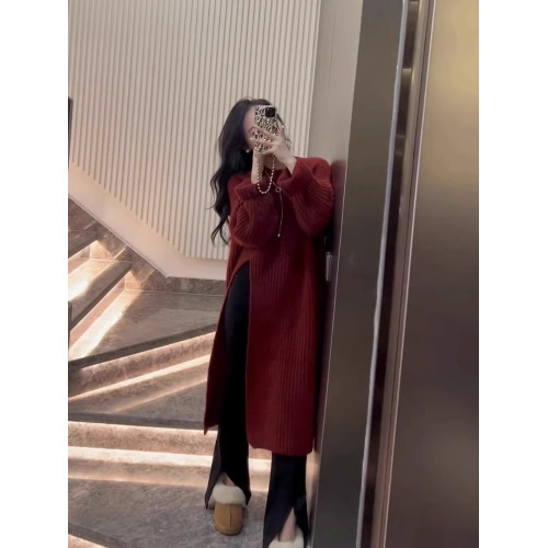 設計感復古毛衣裙女2024秋冬季新款套頭開叉過膝中長款針織連衣裙