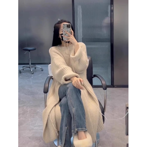 設計感復古毛衣裙女2024秋冬季新款套頭開叉過膝中長款針織連衣裙