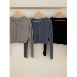 韓國chic秋冬法式小衆顯瘦百搭排釦V領短款毛衣外套女長袖針織衫