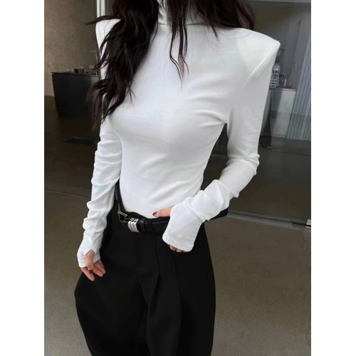 黑色高領打底衫女春秋新款長袖t恤女內搭修身顯瘦高級感墊肩上衣 黑色高領打底衫女春秋新款長袖t恤女內搭修身顯瘦高級感墊肩上衣