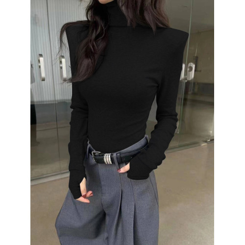 黑色高領打底衫女春秋新款長袖t恤女內搭修身顯瘦高級感墊肩上衣 黑色高領打底衫女春秋新款長袖t恤女內搭修身顯瘦高級感墊肩上衣