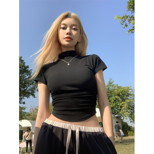 甜辣妹半高領短袖T恤女早春新款穿搭緊身白色修身顯瘦短款小上衣
