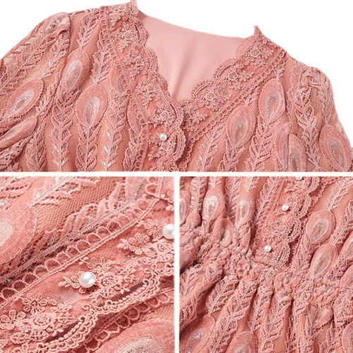 特價原單法式蕾絲連衣裙女春秋新款高級感刺綉V領長袖設計感A字裙 特價原單法式蕾絲連衣裙女春秋新款高級感刺綉V領長袖設計感A字裙