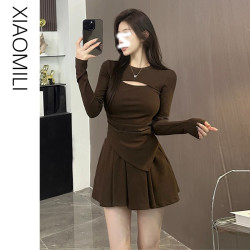 小心機鏤空針織連衣裙女秋季修身不規則長袖上衣短裙套裝兩件套冬