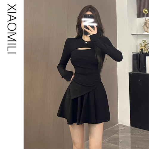 小心機鏤空針織連衣裙女秋季修身不規則長袖上衣短裙套裝兩件套冬