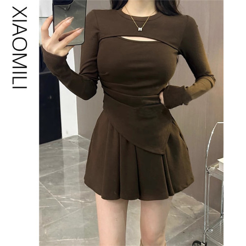 小心機鏤空針織連衣裙女秋季修身不規則長袖上衣短裙套裝兩件套冬