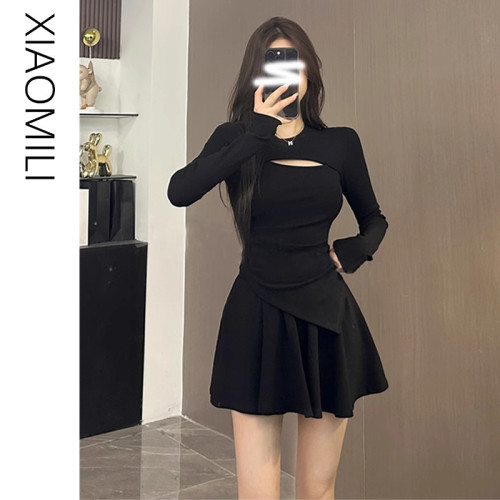 小心機鏤空針織連衣裙女秋季修身不規則長袖上衣短裙套裝兩件套冬