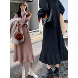 大碼女裝寬松加厚長款魚尾毛衣裙秋冬胖mm遮肚內搭過膝針織連衣裙