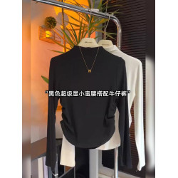 新款半高領磨毛內搭打底衫女2024秋冬設計感收腰顯瘦黑色長袖上衣