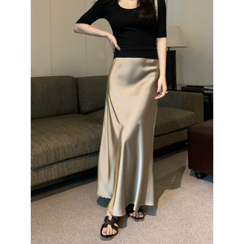 絲綢醋酸緞面半身裙女裝夏季高腰垂感顯瘦魚尾裙子香檳色氣質長裙