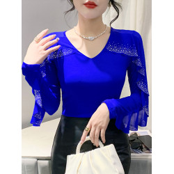 性感V領網紗T恤女長袖春裝新款氣質閃鑽荷葉邊上衣修身顯瘦打底衫