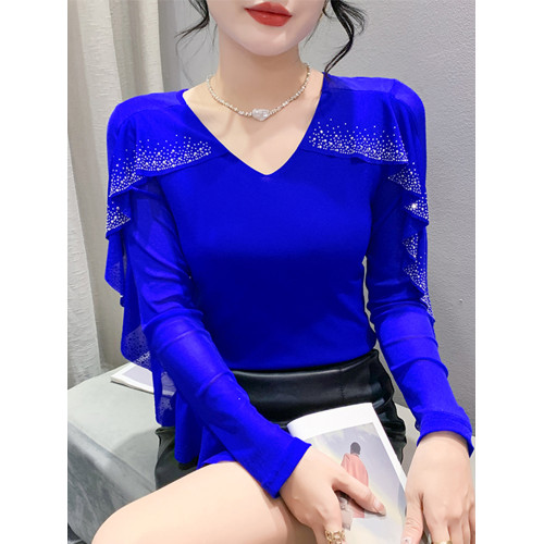 性感V領網紗T恤女長袖春裝新款氣質閃鑽荷葉邊上衣修身顯瘦打底衫